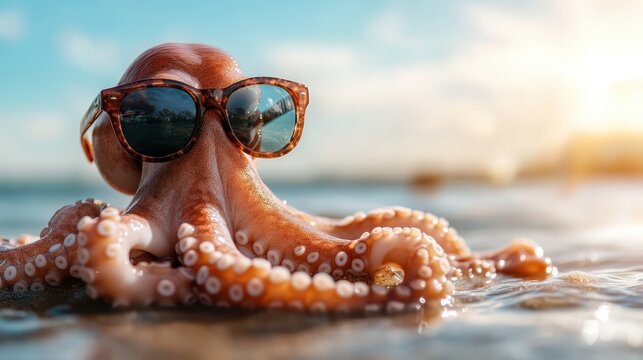 An octopus stylishly dons sunglasses while basking in ocean waters, its tentacles swaying gracefully amidst sunlight, portraying leisure and carefree vibes.