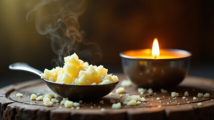 Obraz premium Beef tallow with spoon sitting on a rustic wooden board.