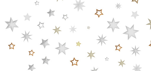 An abstract image of various white, gold, and bronze stars on a black background