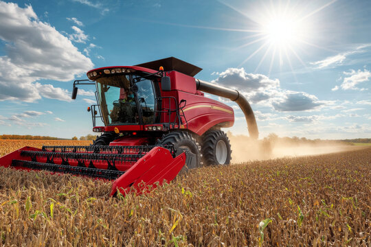red combine harvester soybean harvest against the backdrop of the sun in the sky. The farm operates in the field in the autumn season 