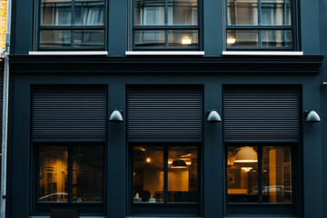 Outside view of a building featuring large windows and black roller shutters 