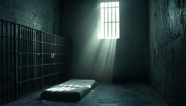 A solitary prison cell with barred window and cot