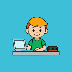 the boy is operating the computer