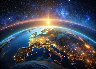 Obraz premium Night Cityscape Earth 3D Render, Low Light Space Photography, Starry Night, City Lights