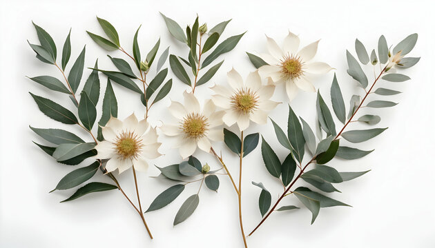 Beige rose flowers, eringium flower, eucalyptus branches on white background. Flat lay, top view. Floral background
