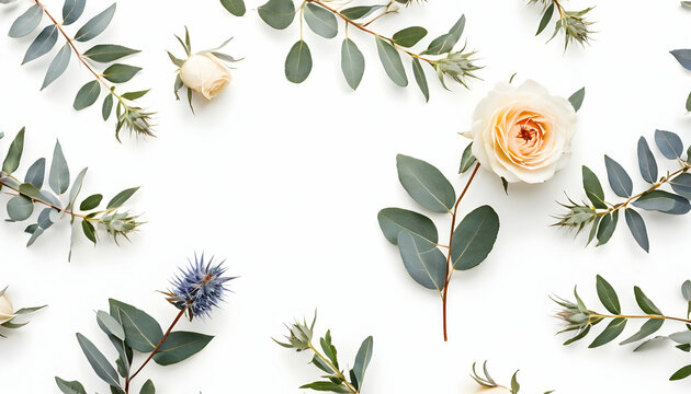 Beige rose flowers, eringium flower, eucalyptus branches on white background. Flat lay, top view. Floral background