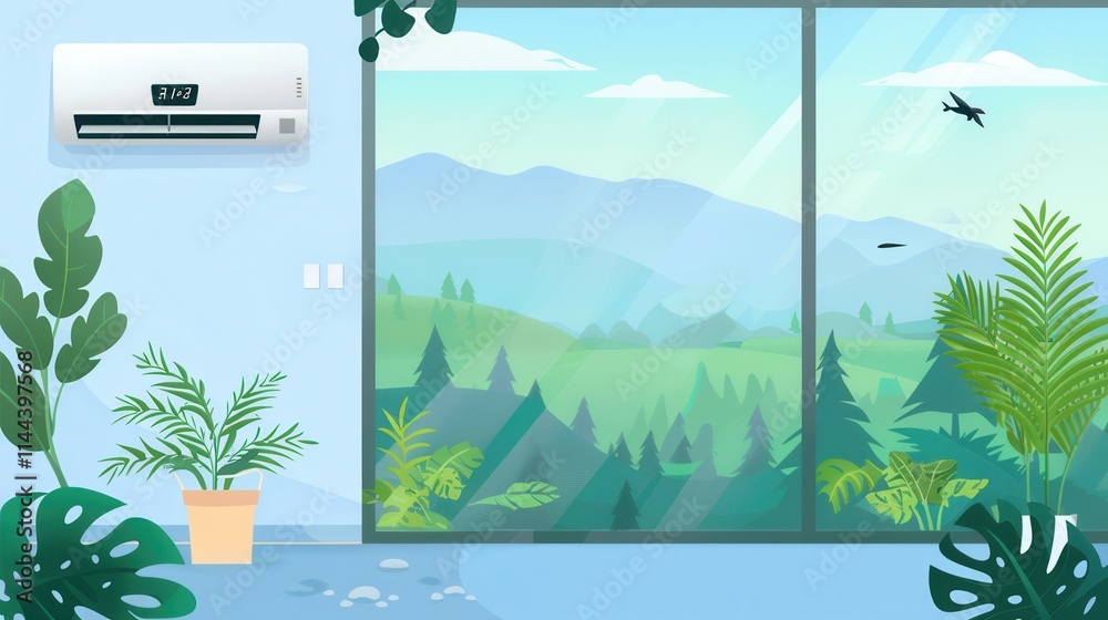 Poster Air conditioner on wall near open window with mountain view and greenery in bright natural light. Generative AI