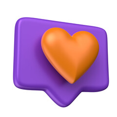 Orange Heart On Purple Speech Bubble Icon In 3D Render with transparent background