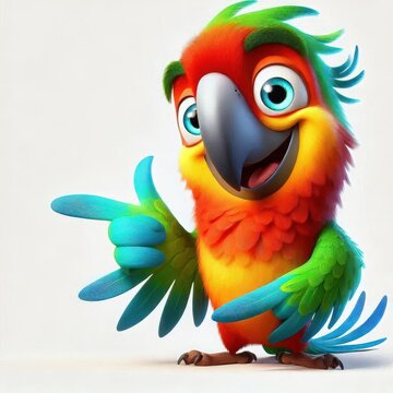 A cheerful parrot character stands out with its vivid feathers, showcasing a playful demeanor. Its bright colors and expressive eyes radiate joy and friendliness, as it gestures invitingly