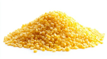 Corn Kernels: A pile of yellow corn kernels, smooth and glossy, isolated against a white background. 