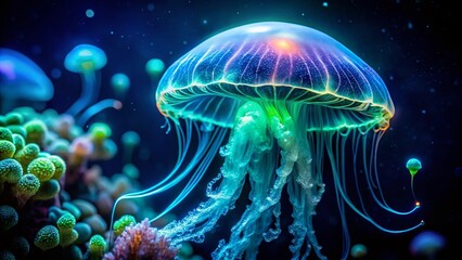 Fototapeta premium Night Jellyfish Sting, Bioluminescent Ocean, Underwater Photography, Dark Sea Creatures, Glowing Jellyfish, Marine Life, Aquatic Photography