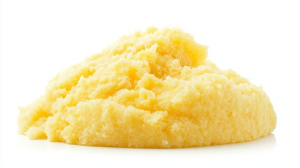 Polenta: A mound of cooked polenta with a smooth, yellow texture, isolated on a white background. 