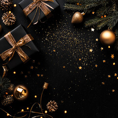 Luxury Christmas layout with gold and festive gifts, fireworks, sparkling ornaments, and pine branches on a black. Christmas and New Year mockup. flat lay. Generative ai	