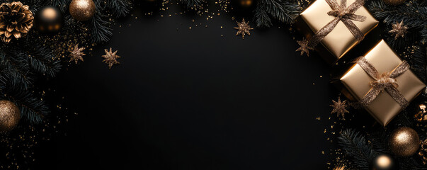 Golden holidays decoration with gift boxes,confetti on black background.Top view.Template for holiday promotions, Christmas, New Year celebrations, party invitations.Generative ai