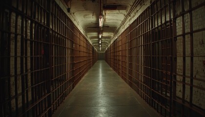 Long Corridor Of Rusty Prison Cells In An Old Penitentiary