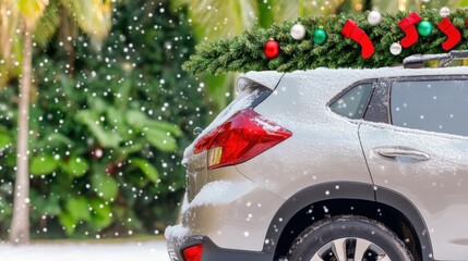 Silver SUV with Christmas Tree and Ornaments in Snowy Scene