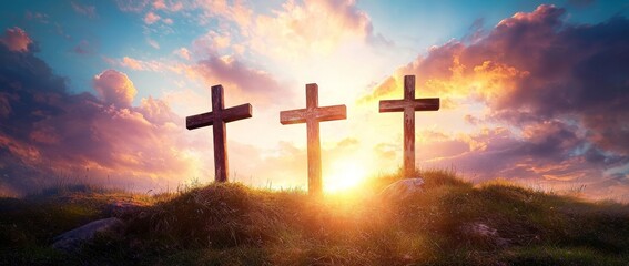 Easter theme: The empty cross of Jesus Christ silhouetted against a dramatic sunrise with clouds.