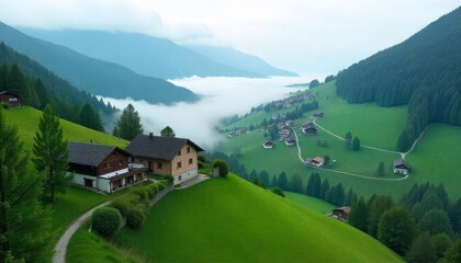 Serene Alpine Village Nestled in a Misty Valley