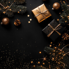 Luxury Christmas layout with gold and festive gifts, fireworks, sparkling ornaments, and pine branches on a black. Christmas and New Year mockup. flat lay. Generative ai	