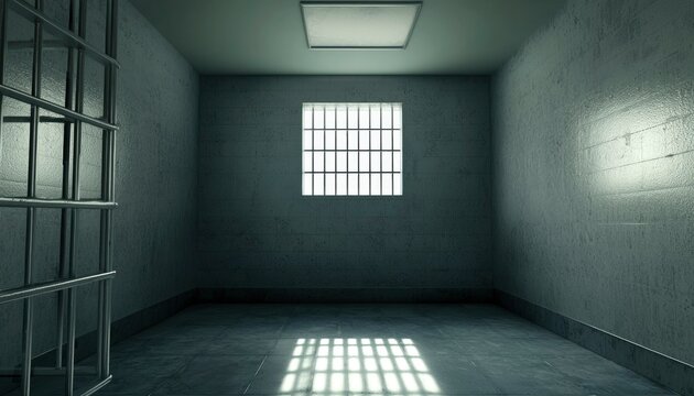 A solitary prison cell with barred window and door