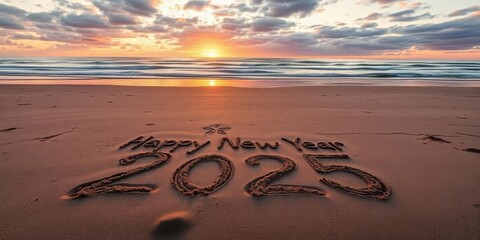 Happy New Year 2025 written in the sand at sunrise on the beach