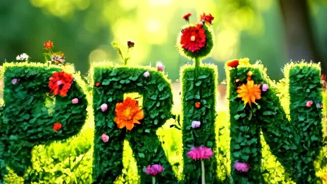 the word spring with a colorful image of nature inside the letters on a green background, the concept of the revival of nature, spring, spring mood