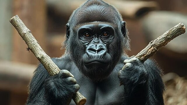 A close-up of a gorilla holding sticks, showcasing its expressive face and strong physique footage