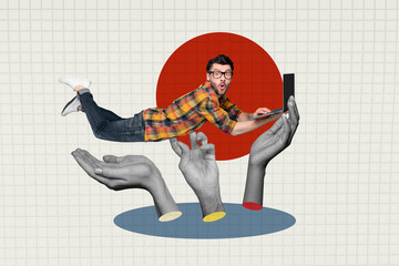 Collage picture young man wow shocked reaction 3d hands body fragments browsing laptop digital...