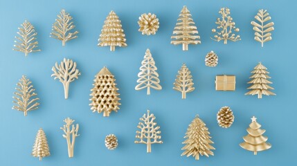 Glimmering Gold: Elegant Christmas Tree Ornaments and Gifts on Blue Background