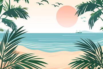 Obraz premium Illustrated tropical beach at sunset, featuring palm trees and a calm ocean, evoking tranquility and peace.