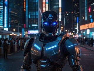 Fototapeta premium Futuristic robot stands prominently in a bustling city at night surrounded by vibrant digital displays and crowds of people