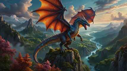 Fototapeta premium Majestic two-headed dragon perched atop a mountain peak overlooking a breathtaking valley