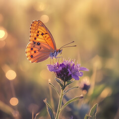 Close-up of a wildflower with an insect, photorealistic bright orange butterfly on a purple flower in golden hour light