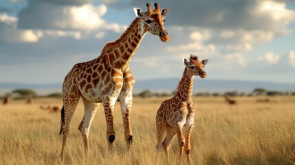 Obraz premium Two giraffes, an adult and its young, stand gracefully amidst the golden grasses of the African savannah under a bright sky, embodying elegance and nature's beauty.