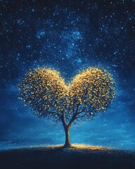 Heart tree shining with golden stars under midnight sky, dreamy fantasy heart tree glowing in starlight, vertical heart tree for magical night composition