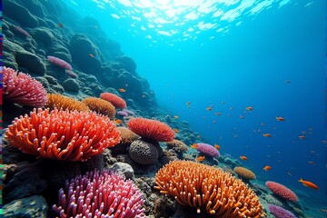 Vibrant coral reef teeming with life.  Sunlit underwater scene showcases diverse coral formations and colorful fish. Ideal for marine, ocean, nature, and environmental themes.