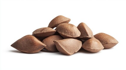 Obraz premium Brazil Nuts: A small pile of whole Brazil nuts with smooth, light brown shells, isolated against a white background. 