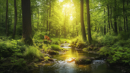 Lush forest scene symbolizing nature preservation, photorealistic with sunlight filtering through trees and a gentle stream