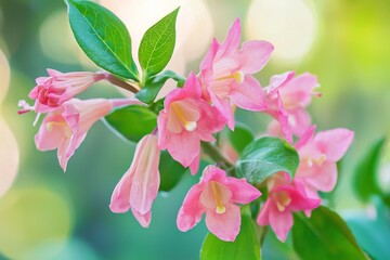 Obraz premium In the sun, a cluster of pink rhododendron flowers gleams brightly.