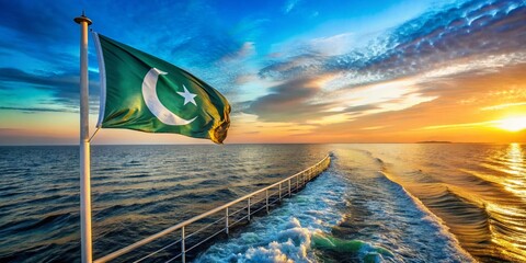 Pakistan Flag Ship, Sea Horizon, Calm Ocean, National Pride,  Green White Crescent Star, Pakistani Maritime,  Sailing Vessel, Ocean Landscape, Patriotism,  Beautiful Seascape