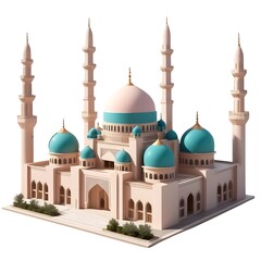 Obraz premium Stunning 3D Render of a Majestic Mosque: Architectural Marvel with Teal Domes and Elegant Minarets against a White Background