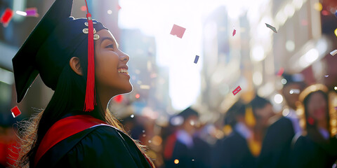 Naklejka premium A joyful graduate stands in front of a crowd, tossing vibrant confetti into the air, celebrating their graduation success.