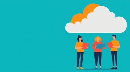 Three people collaborating with devices under a cloud symbolizing digital technology and teamwork.