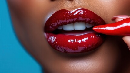 Obraz premium Close-up of luscious red lips adorned with glossy lipstick, complementing a bright red pepper, exuding allure, confidence, and the artistry of beauty and self-expression.