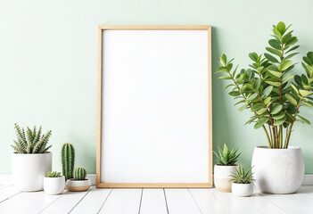 Minimalist Interior Design with Wooden Frame Mockup and Potted Plants