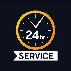 a blue background with a yellow sign that says 24 hour service banner with clock