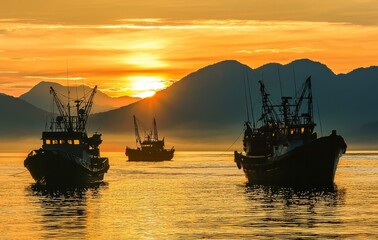 Obraz premium As the sun rises, fishing boats navigate the waters, surrounded by nature.
