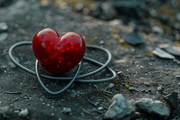 Fototapeta premium Red glowing heart with wires wrapped around it is laying on a bed of rocks