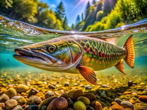 Panoramic Freshwater Eel:  Serpentine Fish, Aquatic Life, Underwater Photography, River Snake,  Long Fish,  Nature Photography,  Wildlife Photography
