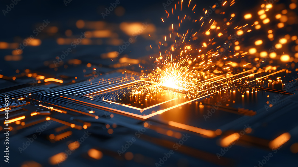 Poster A close-up view of a futuristic circuit board with glowing sparks, highlighting the intricate design and technological innovation